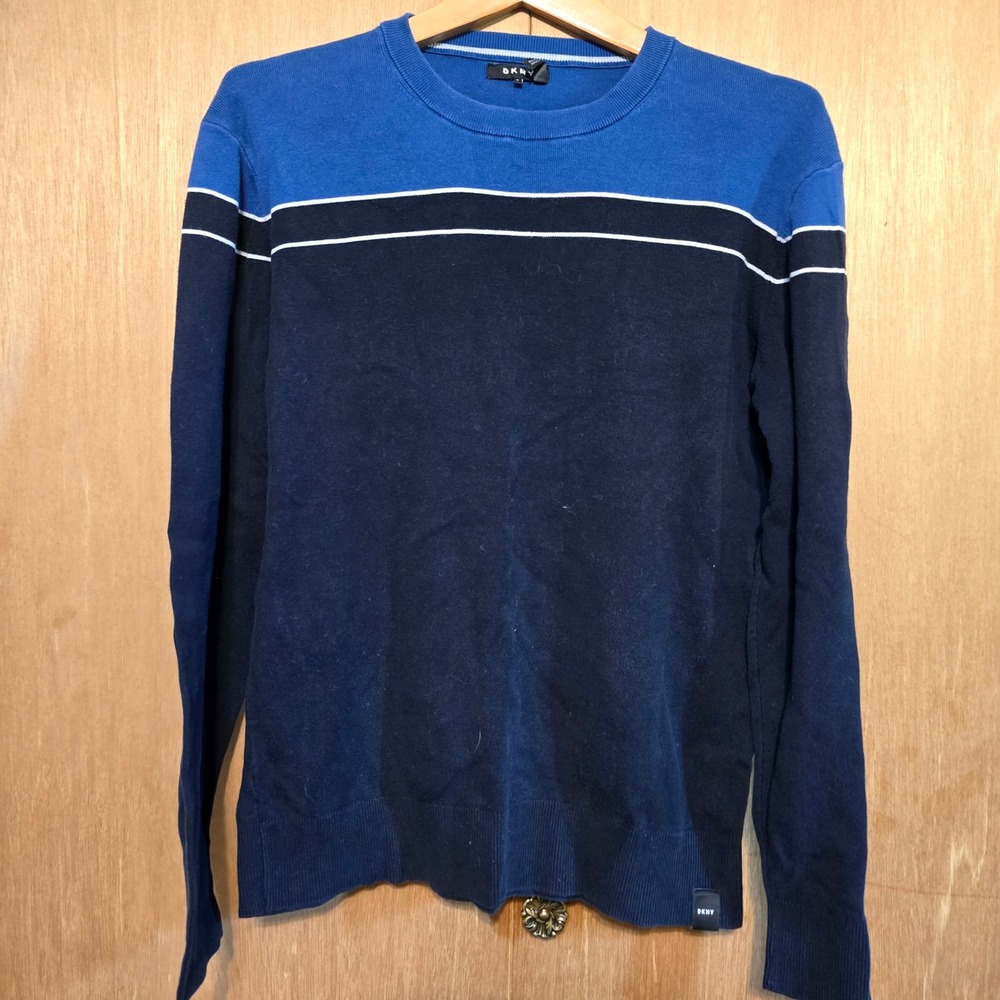 DKNY Sweater M Pullover Mens Navy Blue Colorblock Striped Crewneck Cotton Knit